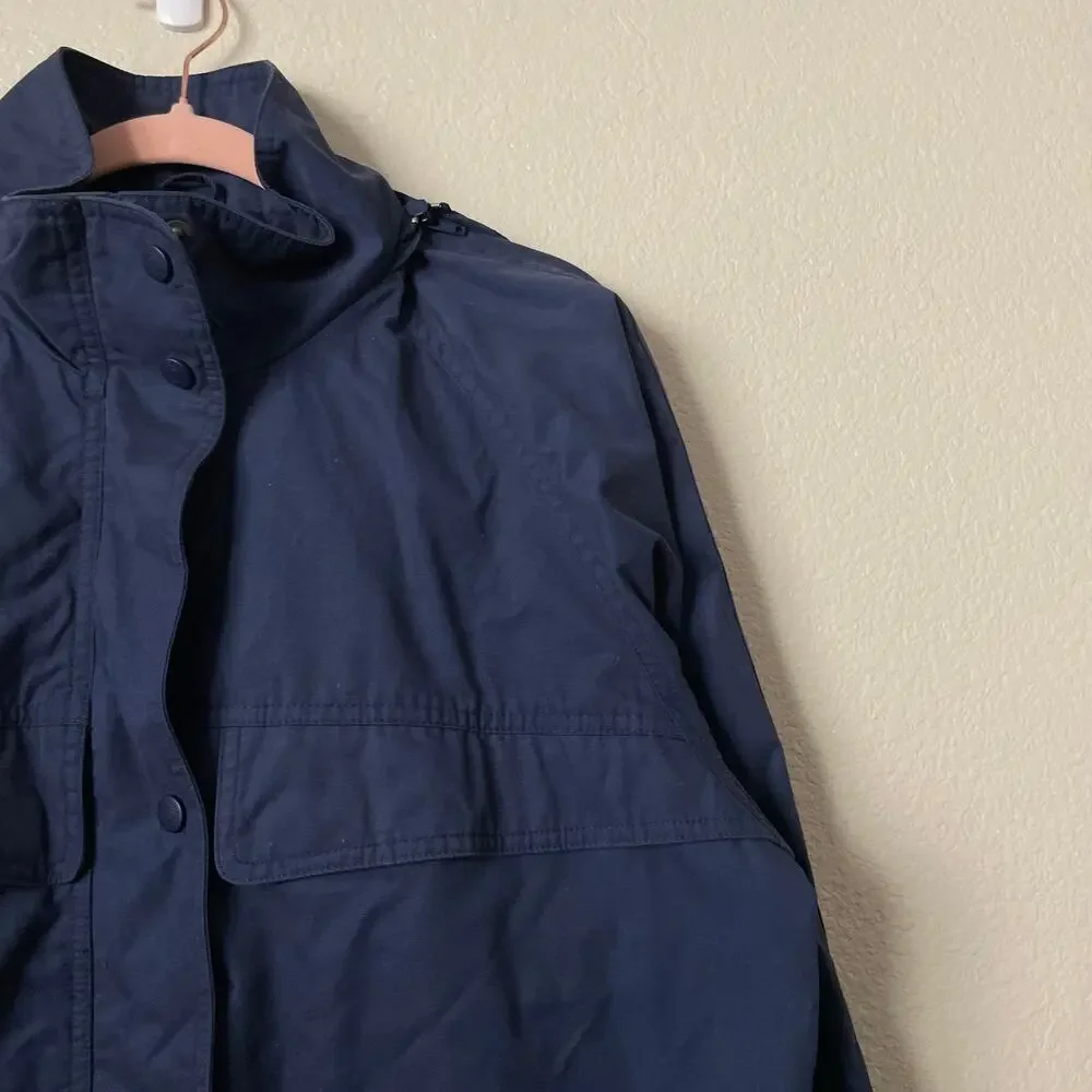 Eddie‎ Bauer Vintage Jacket Womens Medium Navy Blue Full Zip Hooded Button Snap